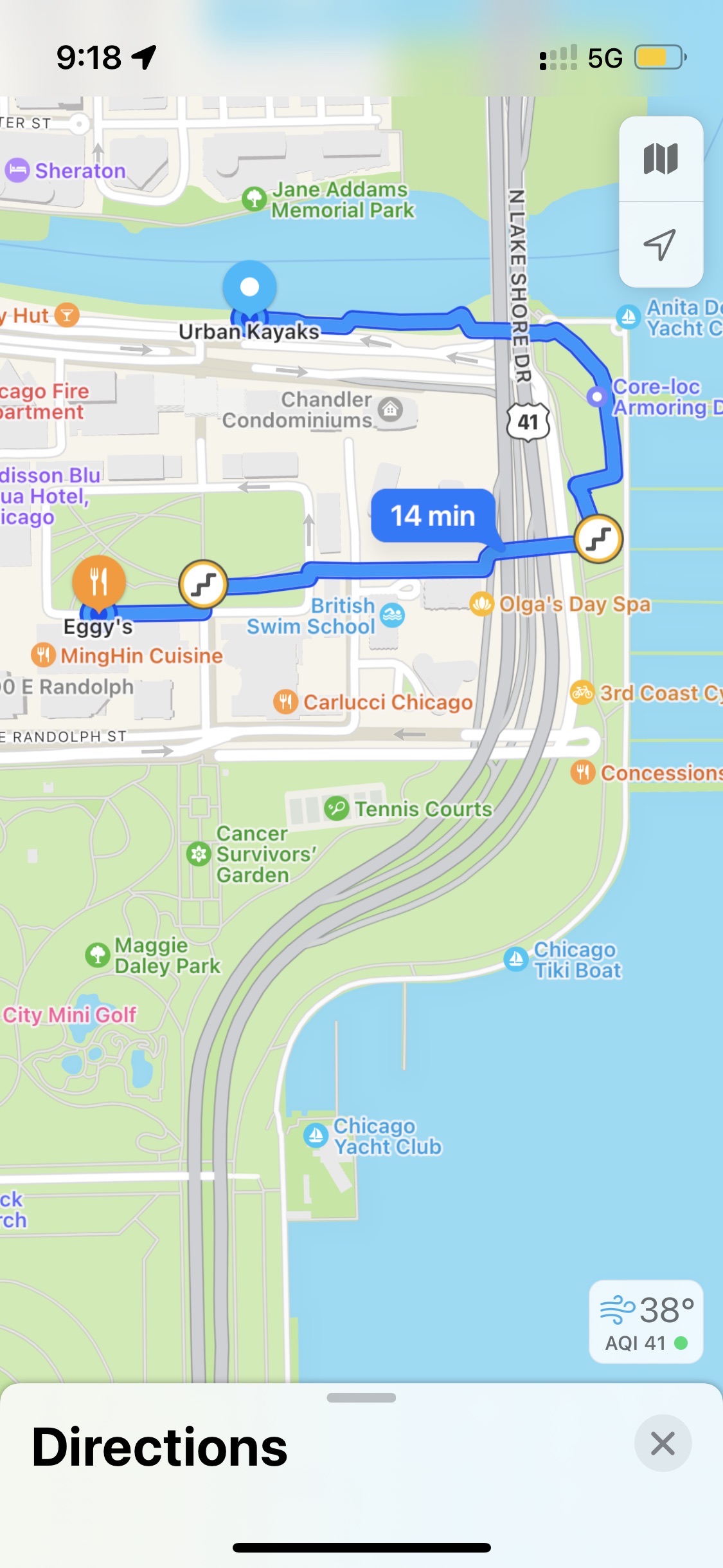 A screenshot of a 14 minute walking route on Apple Maps from Urban Kayaks to Eggy's in downtown Chicago Walking route from Urban Kayaks to Eggy’s